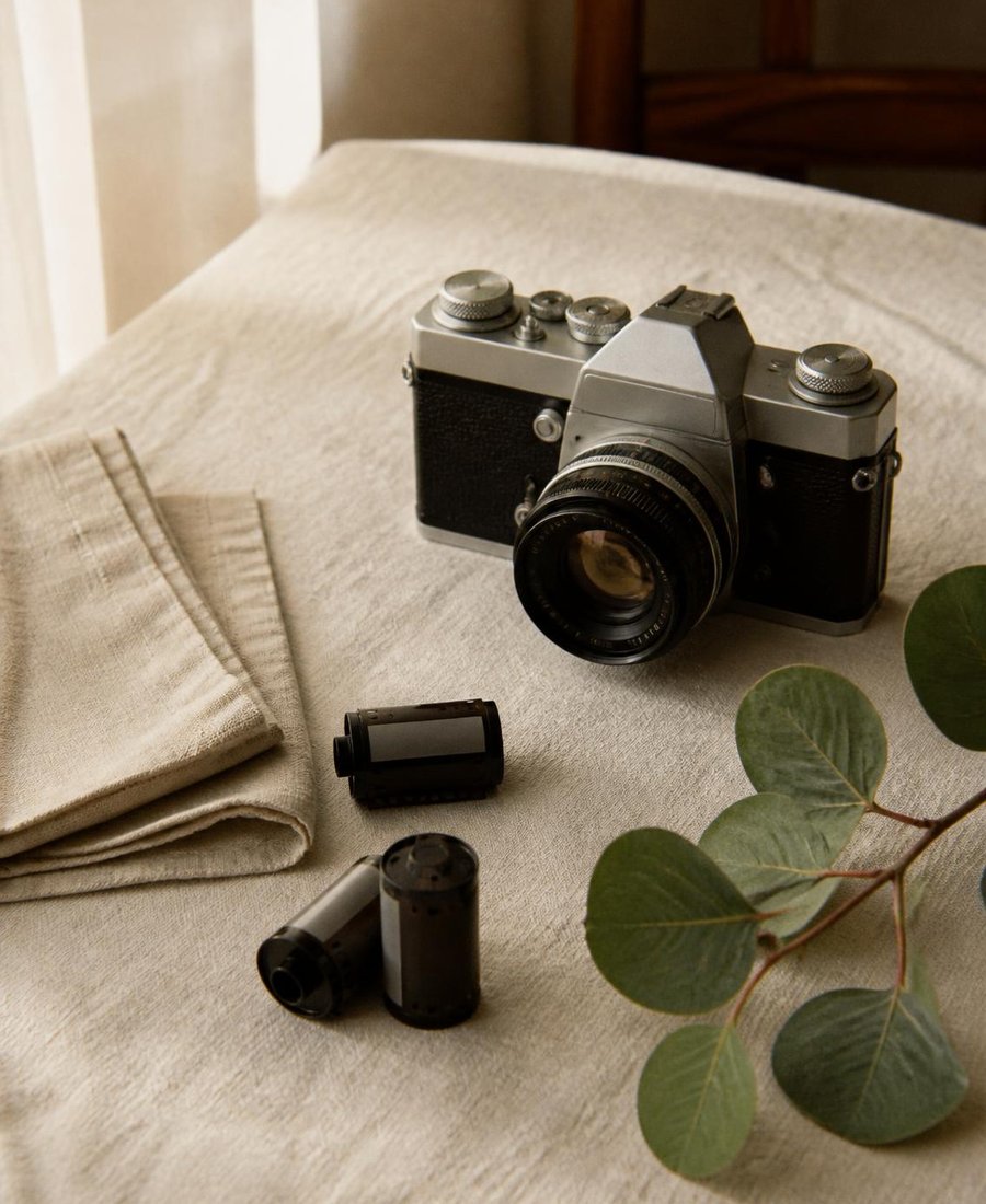 Camera and film on a linen surface