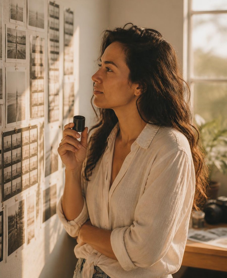 Ines Navarro in her studio with prints on the wall