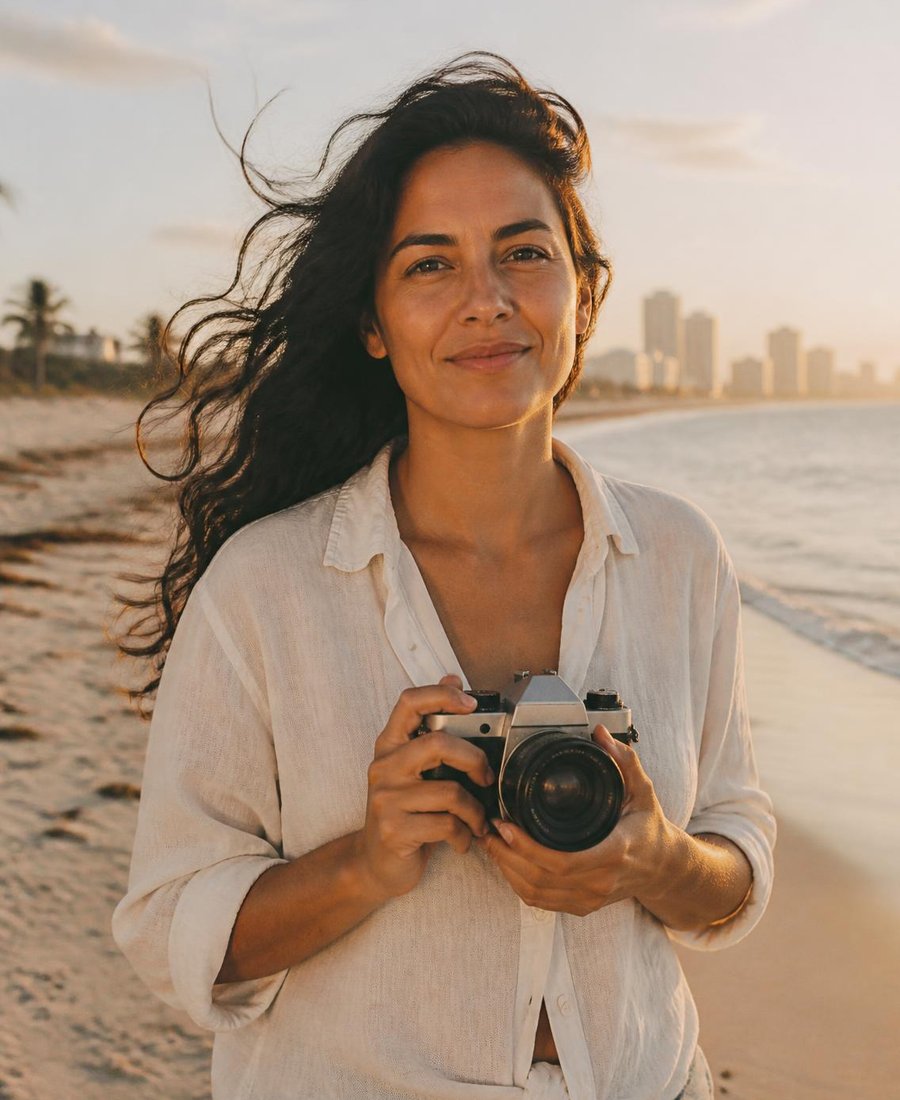 Photographer Ines Navarro with her camera on the beach