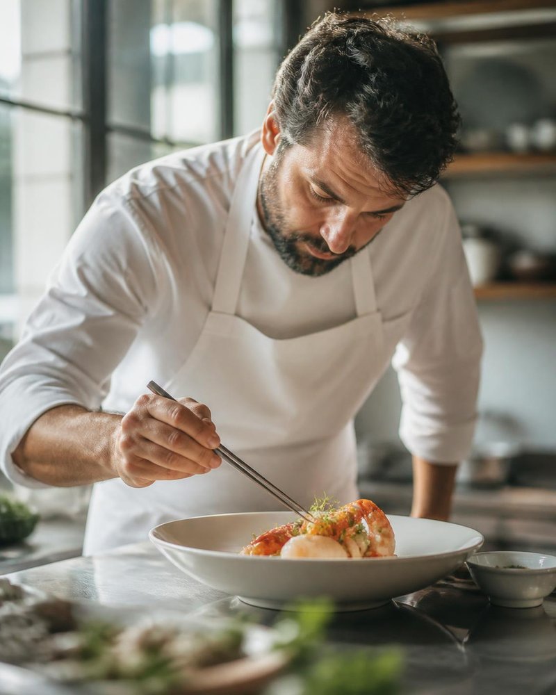 Chef plating in a Miami Beach kitchen, editorial