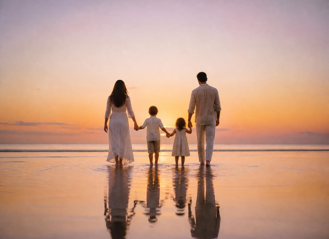 Family running into the waves, motion blur