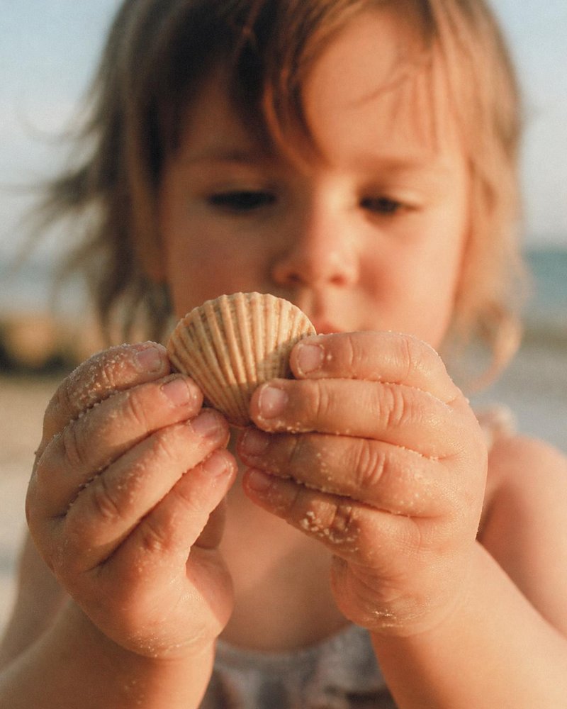 Toddler holding a shell, close-up
