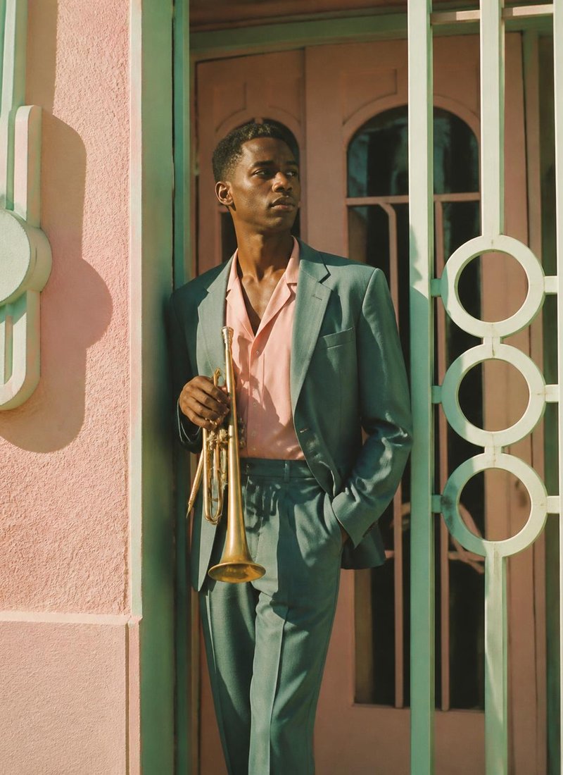 Musician portrait in a pastel Art Deco doorway