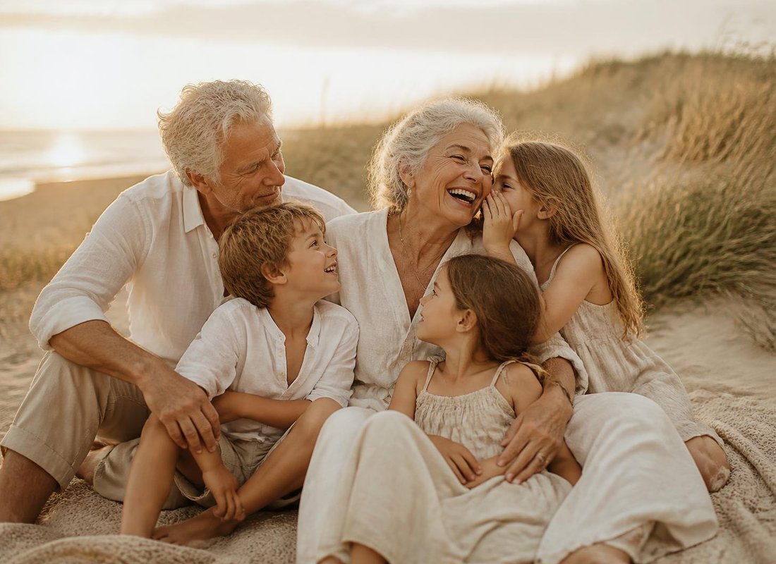 Grandparents and grandkids at sunset